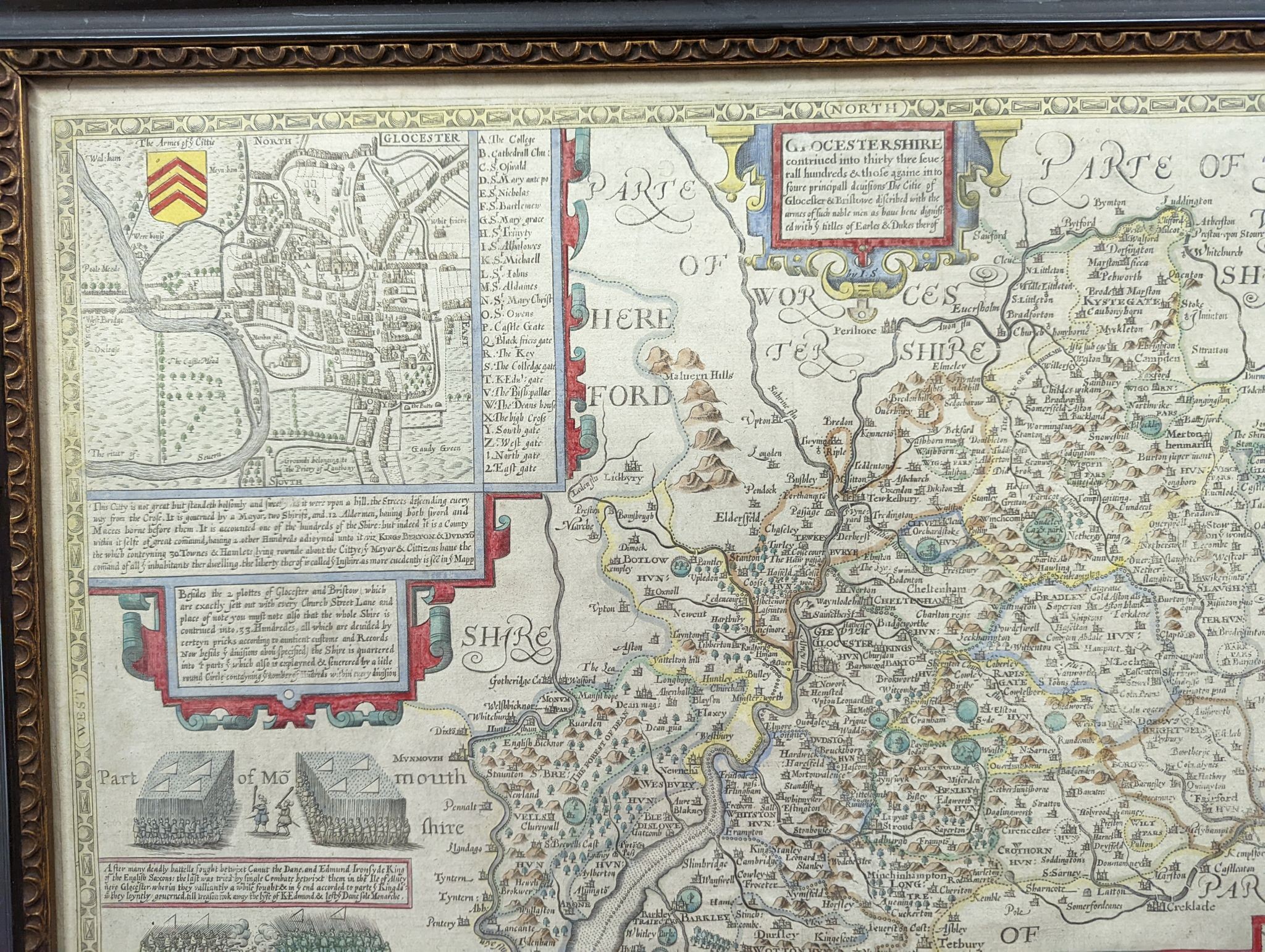 John Speed, coloured engraving, Map of Glocestershire 1627, printed in English verso, 40 x 52cm